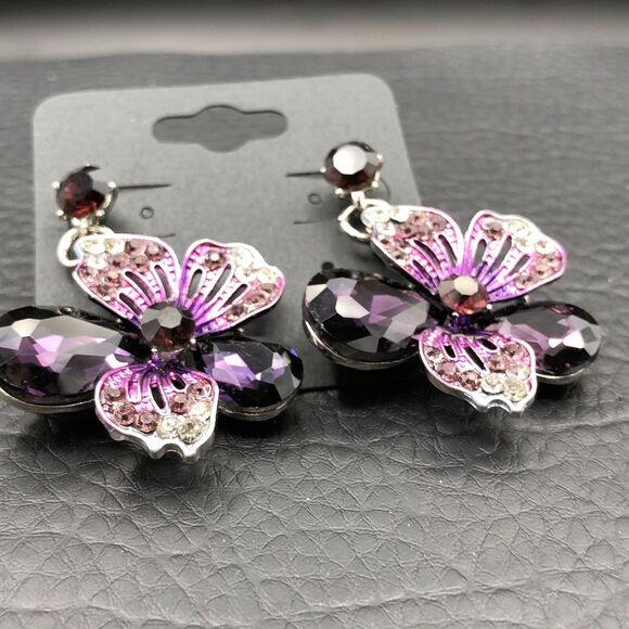 Rhinestone Flower Earrings Purple Crystal Silver Tone Statement Bridal Prom Stud - Picture 5 of 7